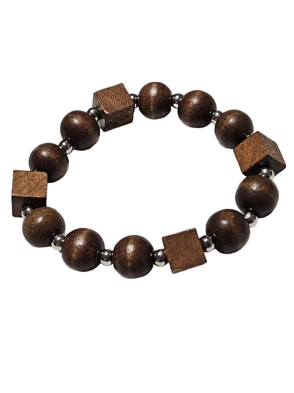 Handmade Beaded Bracelet Wood Beads Cubes Boho Rustic Stretch Fashion Jewelry